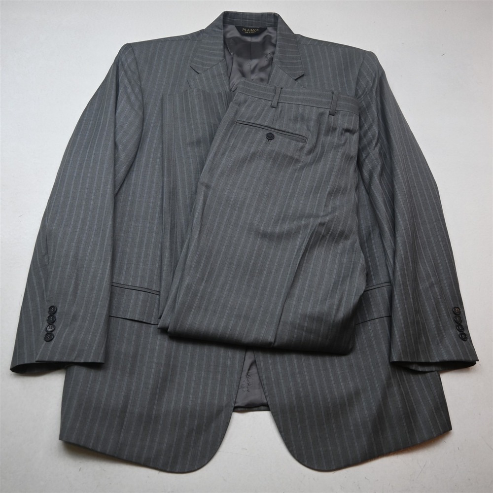 Jos A Bank 46R 38x30 Gray Striped 100% Wool Mens Jacket Pants Suit